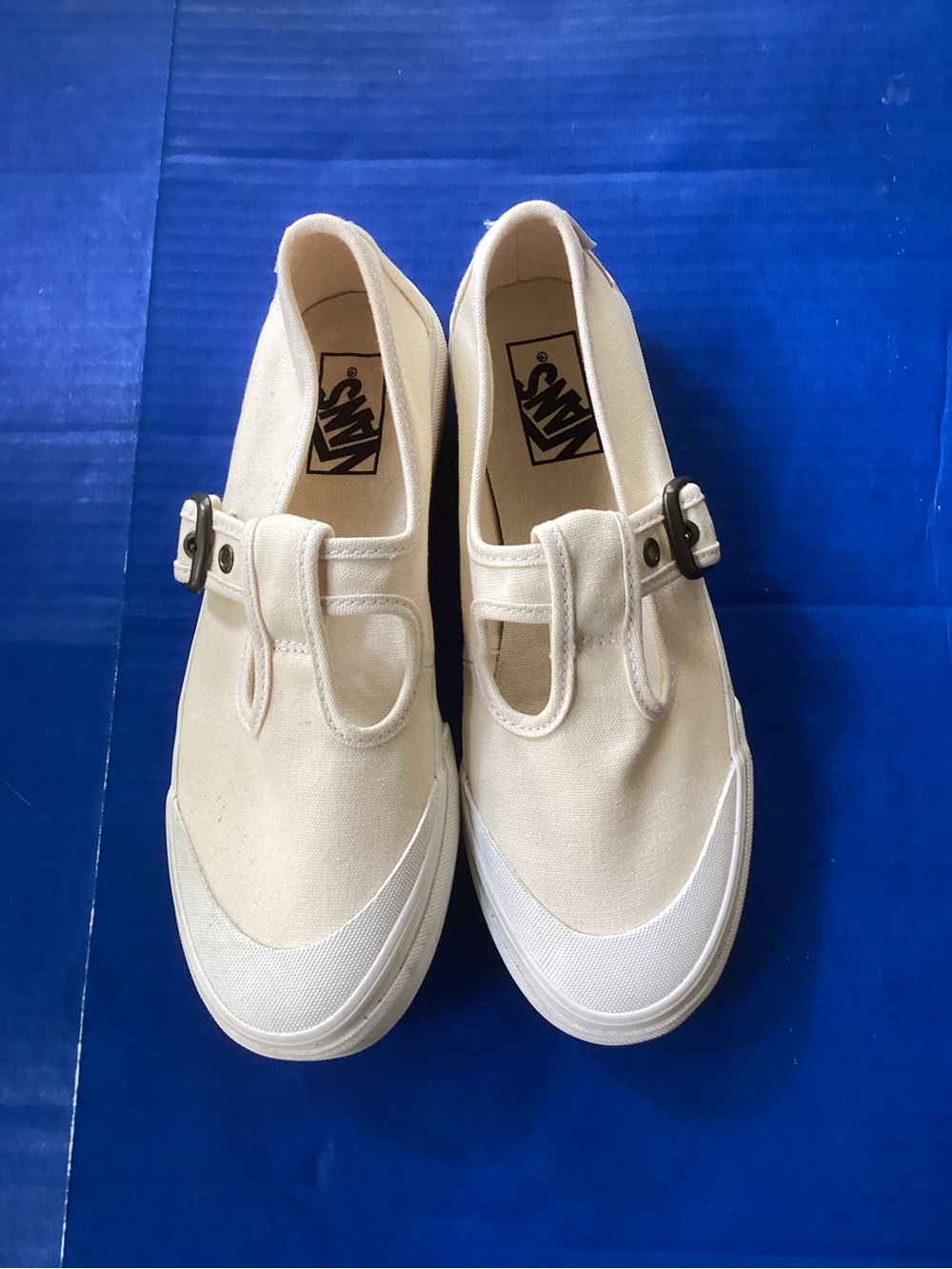 Vans Cream Canvas Slip-On Shoes with Buckle